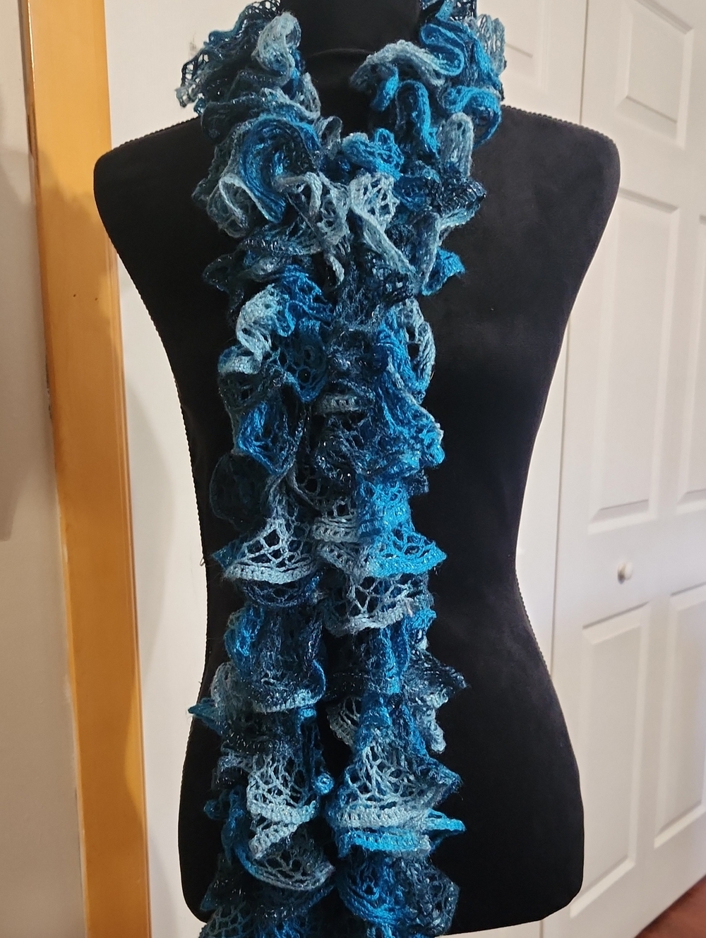 Handcrafted Teal/Blue Ruffled Knit Scarf - Women's Fashion Accessory